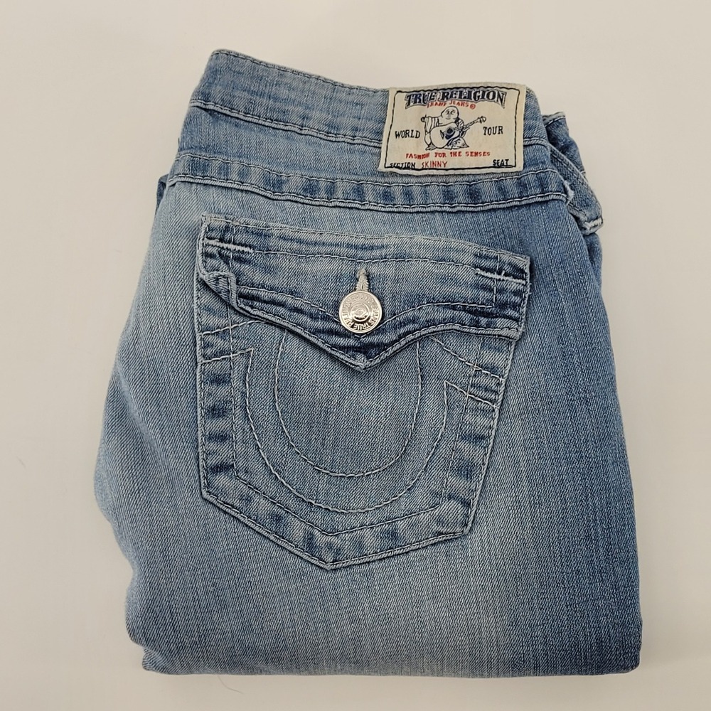 True Religion Skinny Jeans Womens 30 Blue Raw Hem Flap Pocket Low Rise Denim